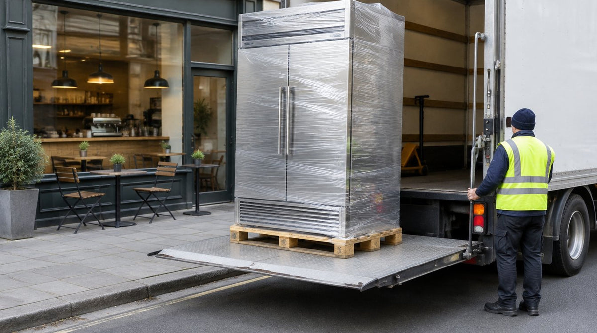 Wrapped commercial fridge on a pallet lowered by tailgate truck outside a cafe