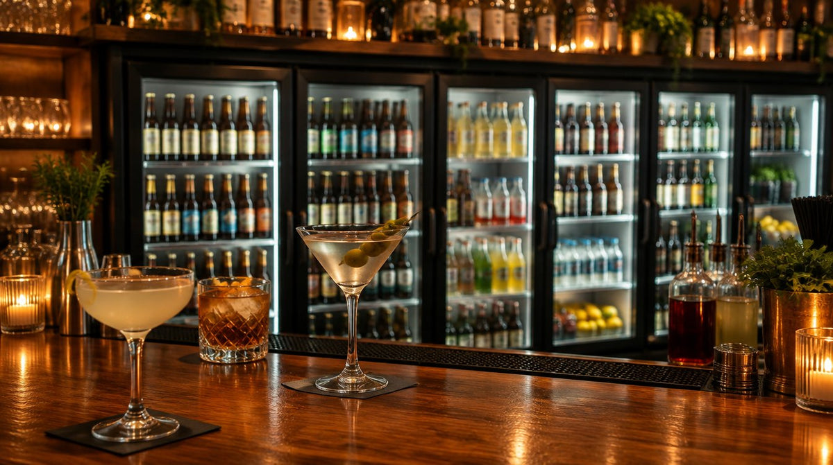 Row of glass door back bar fridges stocked with drinks behind a cocktail bar