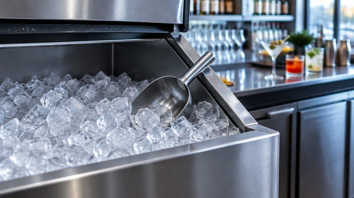 Commercial ice machine storage bin full of cube ice with a stainless steel scoop