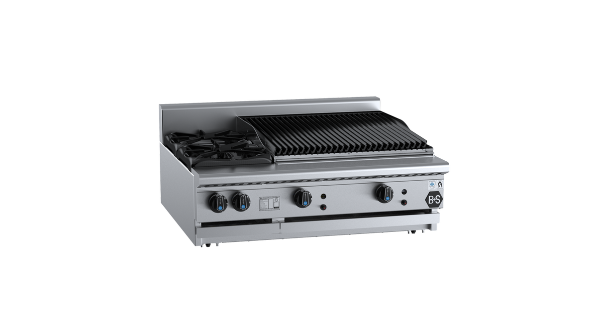B+S Black BT-SB2-CBR6BM - 900mm Gas 2 Burner & Char Broiler Bench Mounted