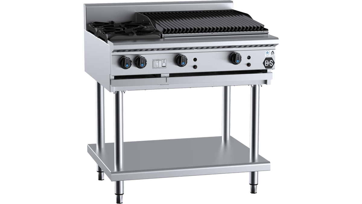 B+S Black BT-SB2-CBR6 - 900mm Gas 2 Burner & Char Broiler on Stand