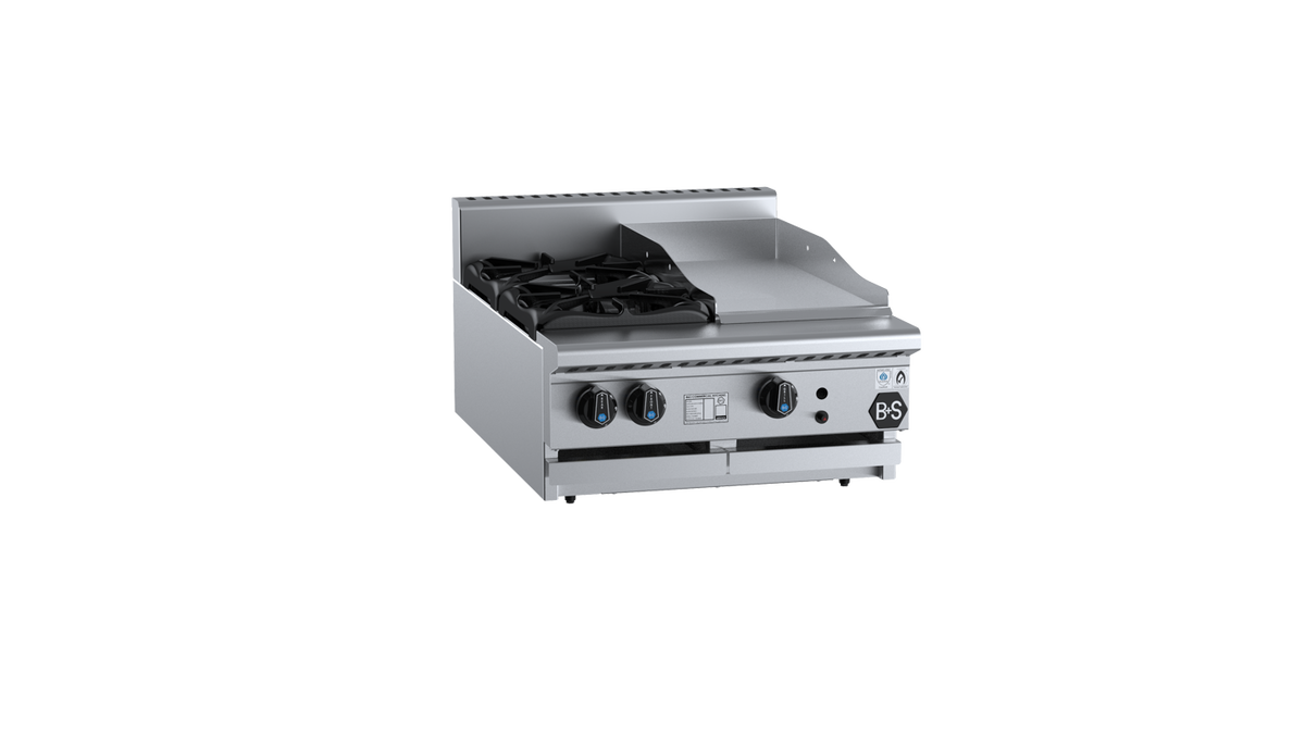 B+S Black BT-SB2-GRP3BM - 600mm Gas 2 Burner & Grill Plate Bench Mounted