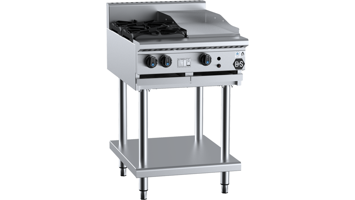 B+S Black BT-SB2-GRP3 - 600mm Gas 2 Burner & Grill Plate on Stand
