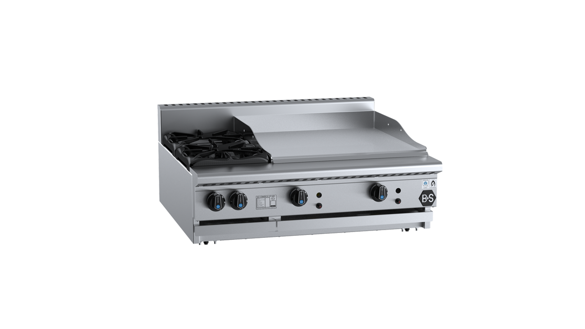 B+S Black BT-SB2-GRP6BM - 900mm Gas 2 Burner & Grill Plate Bench Mounted