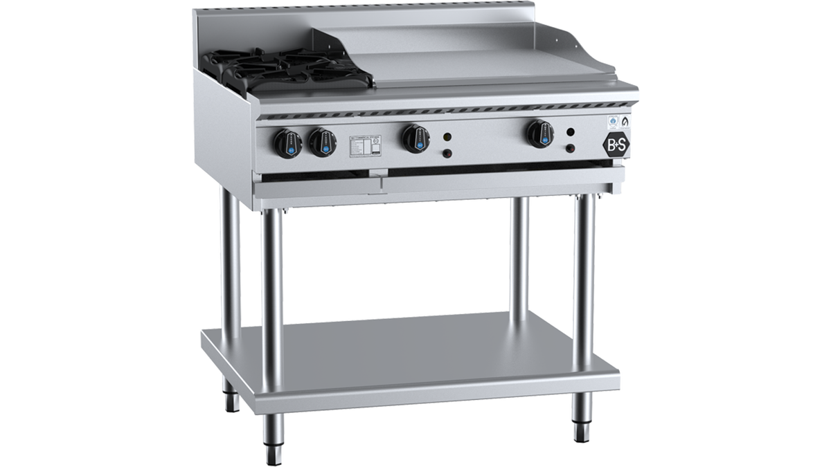 B+S Black BT-SB2-GRP6 - 900mm Gas 2 Burner & Grill Plate on Stand