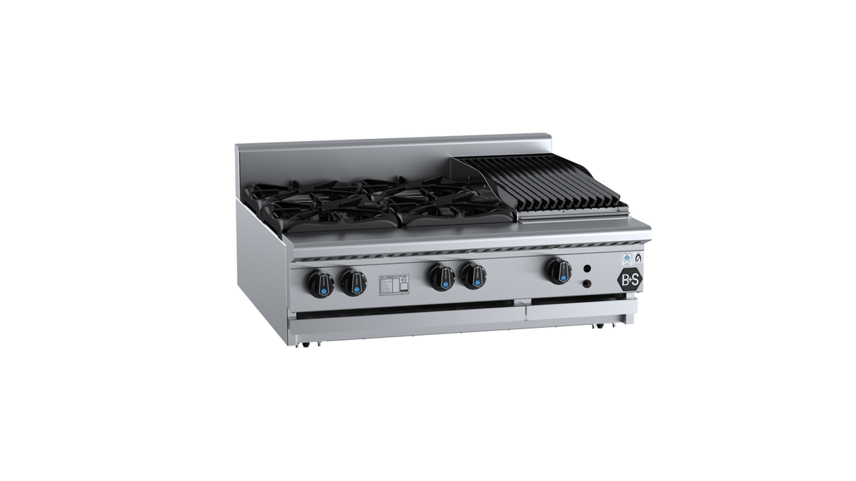 B+S Black BT-SB4-CBR3BM - 900mm Gas 4 Burner & Char Broiler Bench Mounted