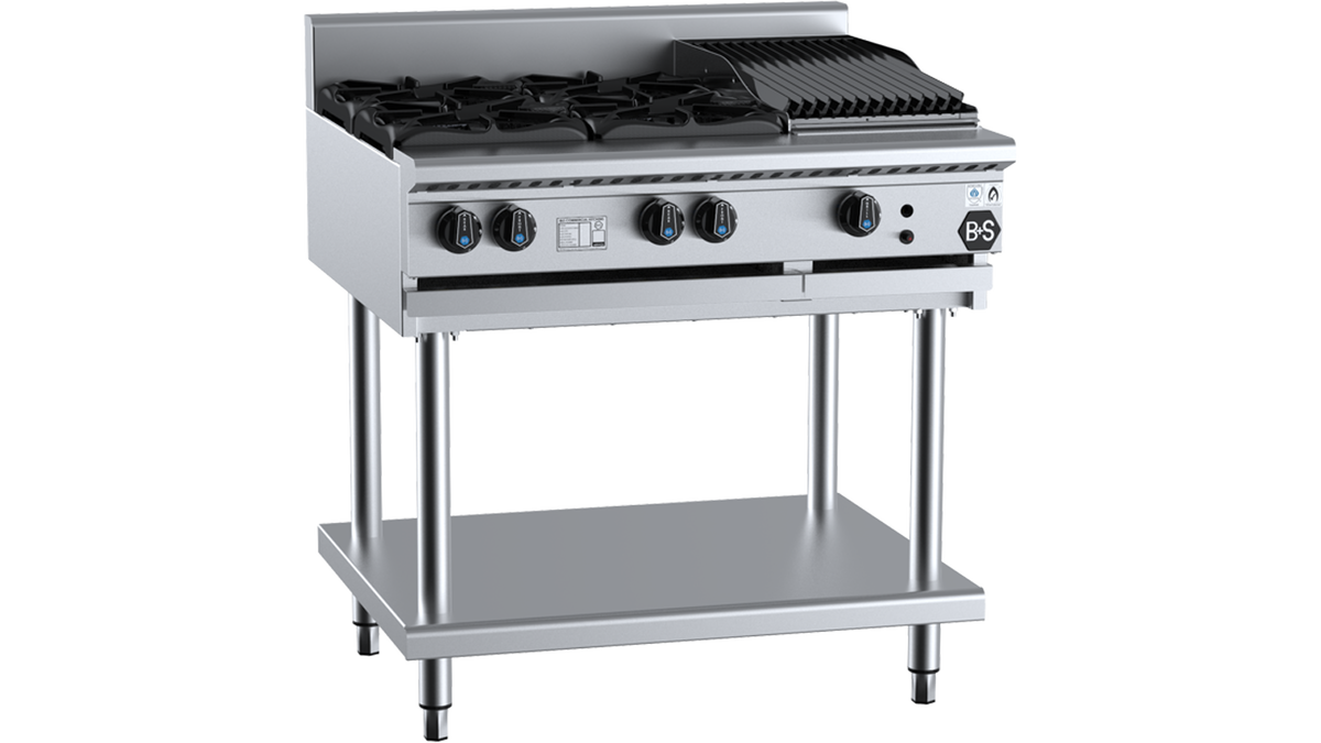 B+S Black BT-SB4-CBR3 - 900mm Gas 4 Burner & Char Broiler on Stand