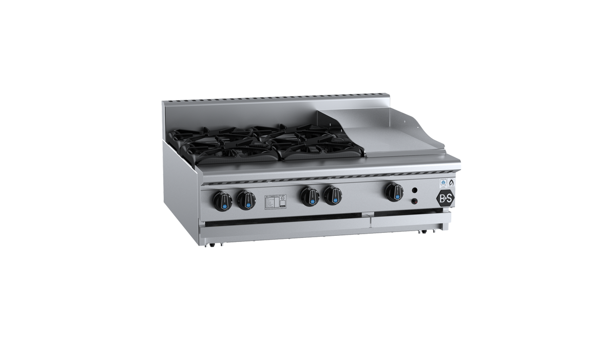 B+S Black BT-SB4-GRP3BM - 900mm Gas 4 Burner & Grill Plate Bench Mounted
