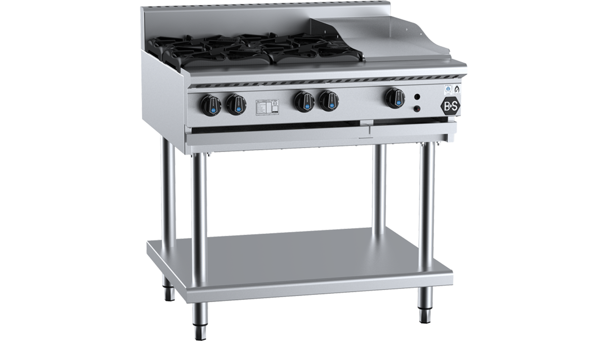 B+S Black BT-SB4-GRP3 - 900mm Gas 4 Burner & Grill Plate on Stand