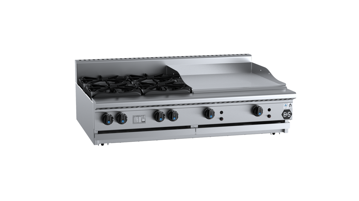 B+S Black BT-SB4-GRP6BM - 1200mm Gas 4 Burner & Grill Plate Bench Mounted
