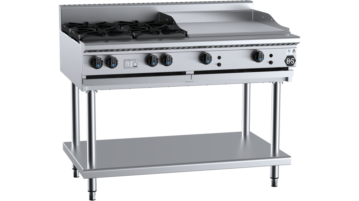 B+S Black BT-SB4-GRP6 - 1200mm Gas 4 Burner & Grill Plate on Stand