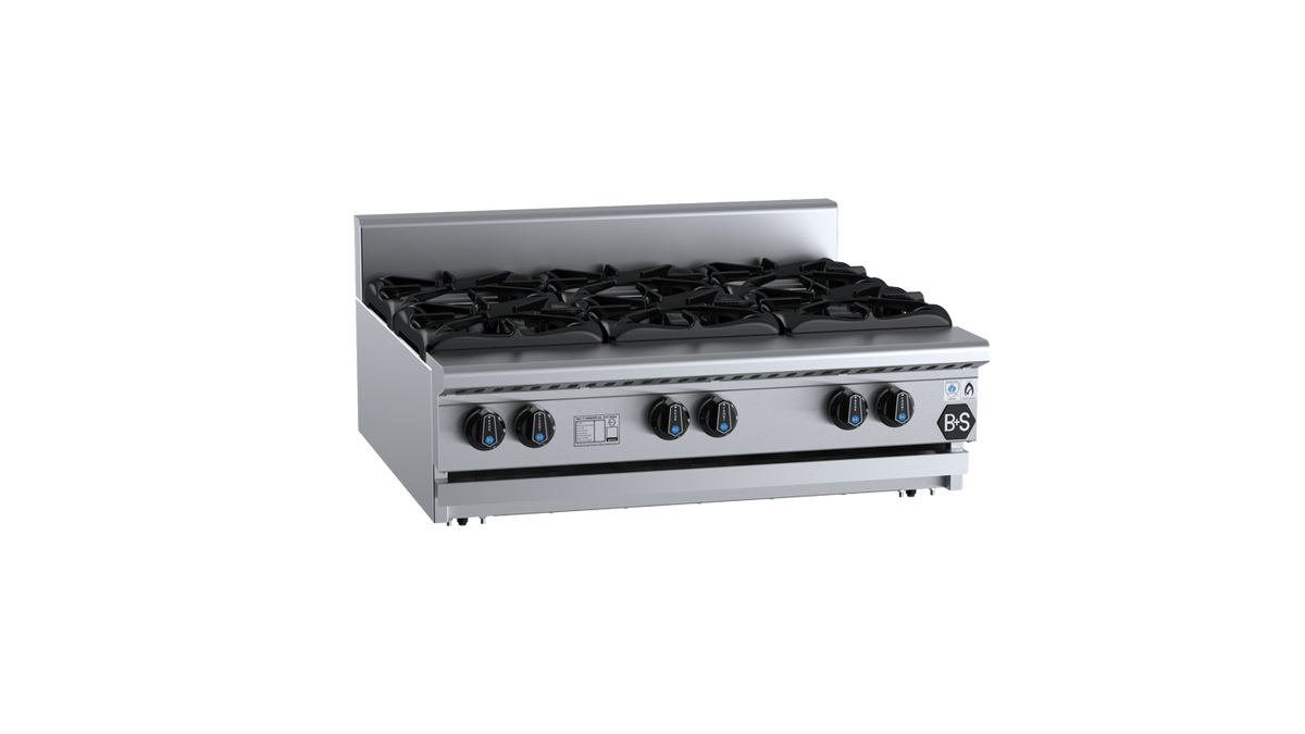 B+S Black BT-SB6BM - 900mm 6 Burner Gas Boiling Top Bench Mounted