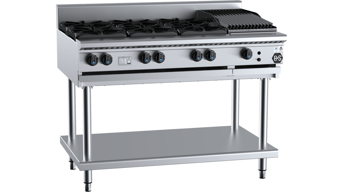B+S Black BT-SB6-CBR3 - 1200mm Gas 6 Burner & Char Broiler on Stand