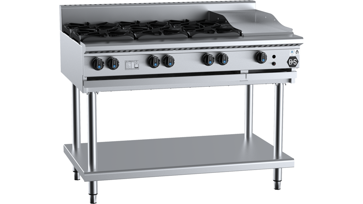 B+S Black BT-SB6-GRP3 - 1200mm Gas 6 Burner & Grill Plate on Stand