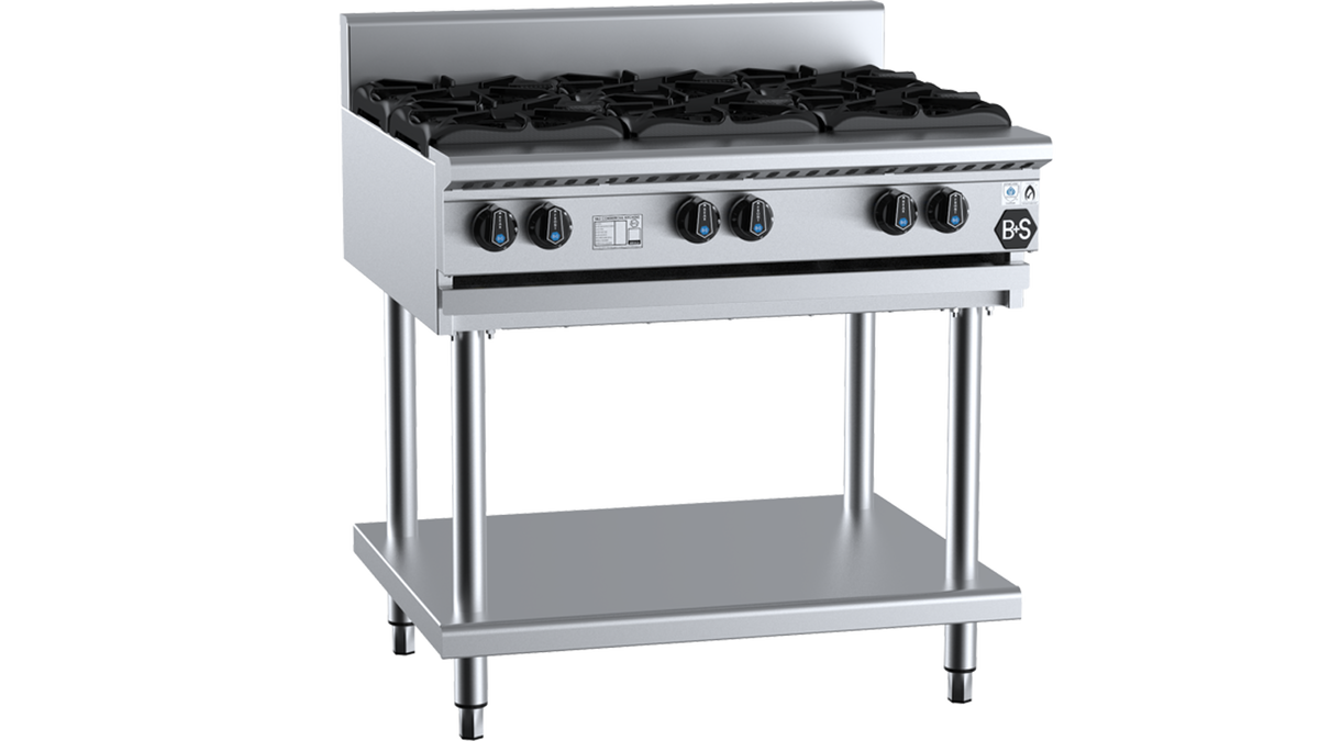 B+S Black BT-SB6 - 900mm 6 Burner Gas Boiling Top on Stand