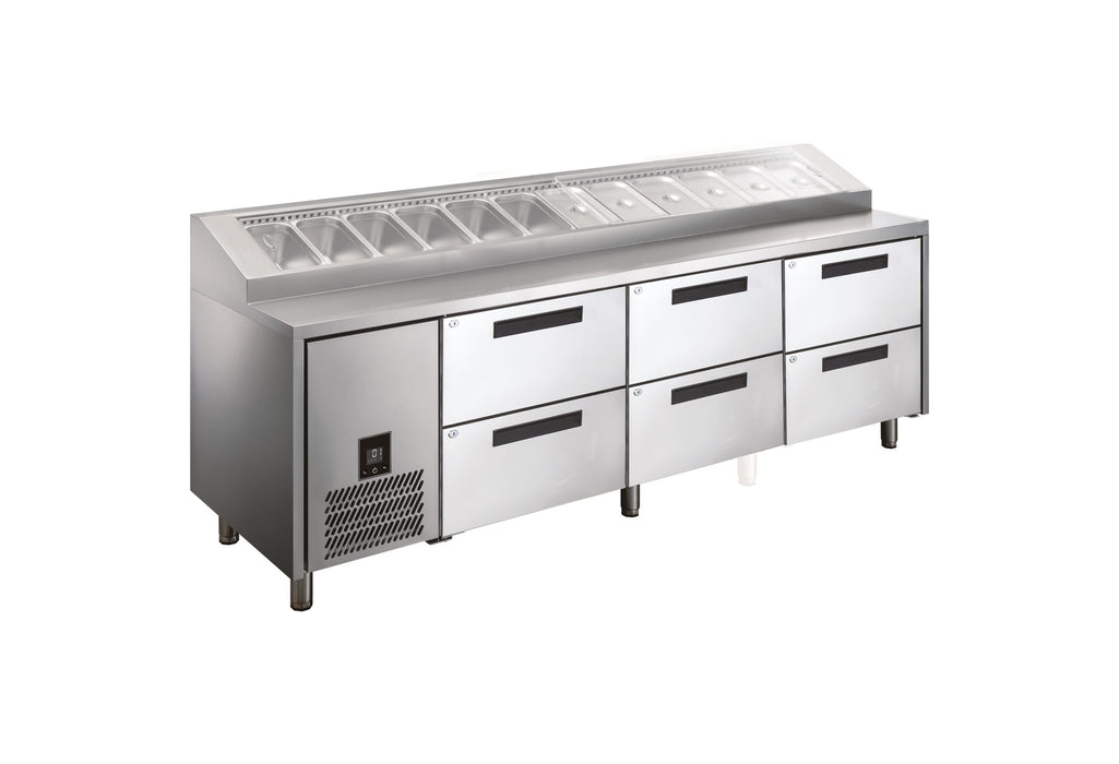 Glacian HPB2476DDD - Pizza Prep Fridge with Drawers, 12 x 1/3 GN Pans, 2476mm