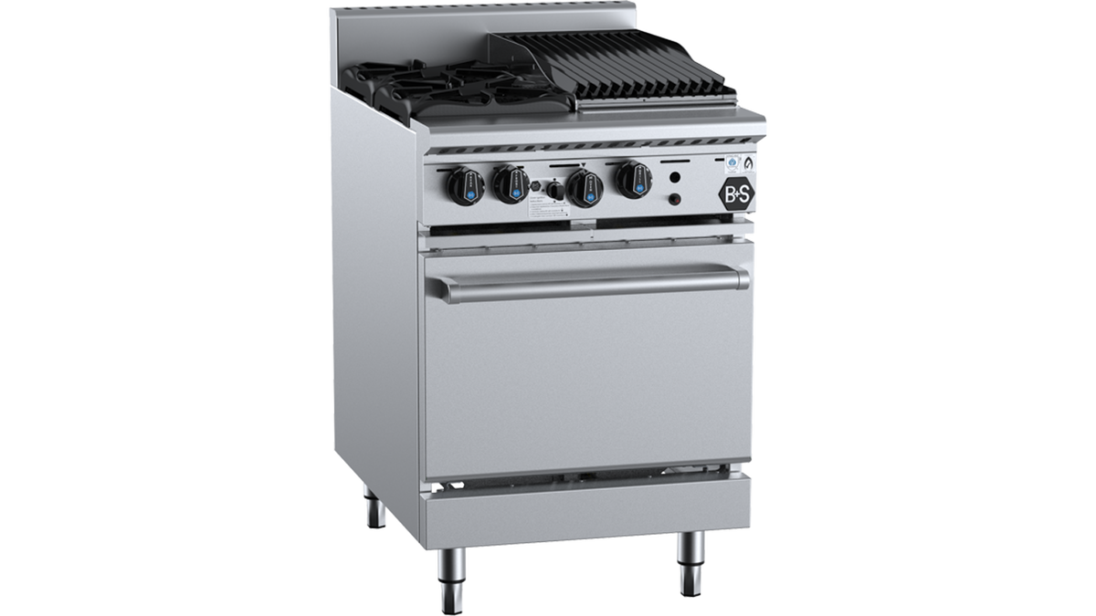 B+S Black OV-SB2-CBR3 - 600mm 2 Burner & Char Broiler Gas Range with Oven
