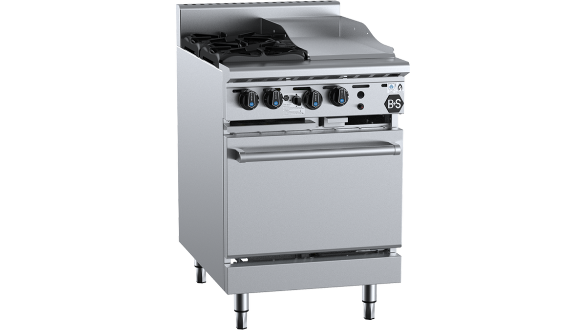 B+S Black OV-SB2-GRP3 - 600mm 2 Burner & Grill Plate Gas Range with Oven