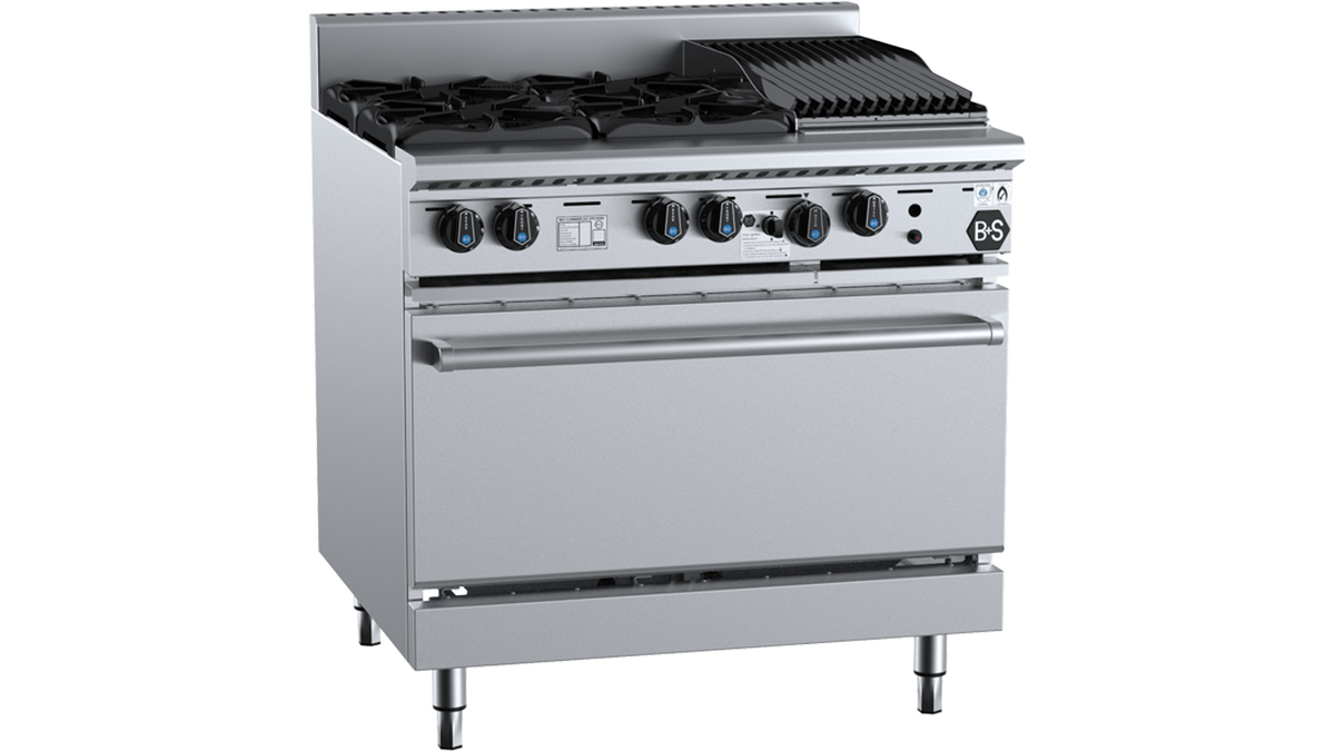 B+S Black OV-SB4-CBR3 - 900mm 4 Burner & Char Broiler Gas Range with Oven