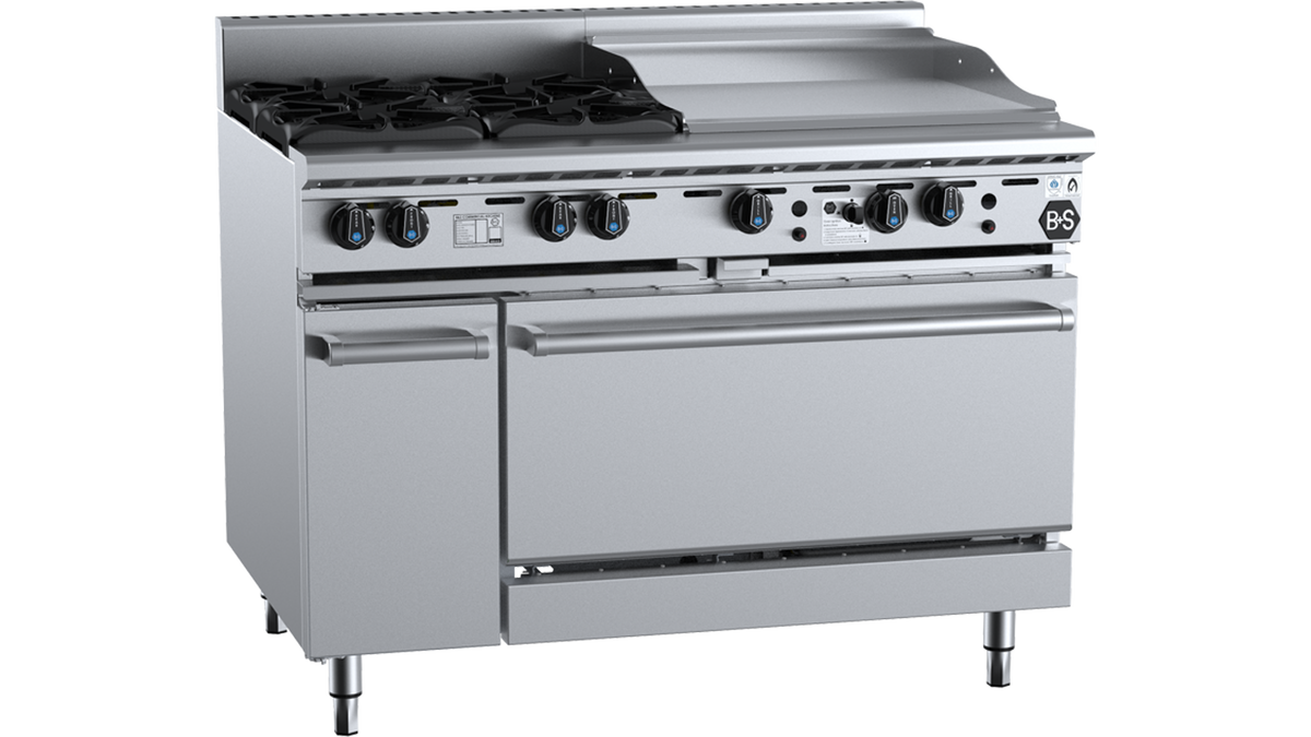 B+S Black OV-SB4-GRP6 - 1200mm 4 Burner & Grill Plate Gas Range with Oven