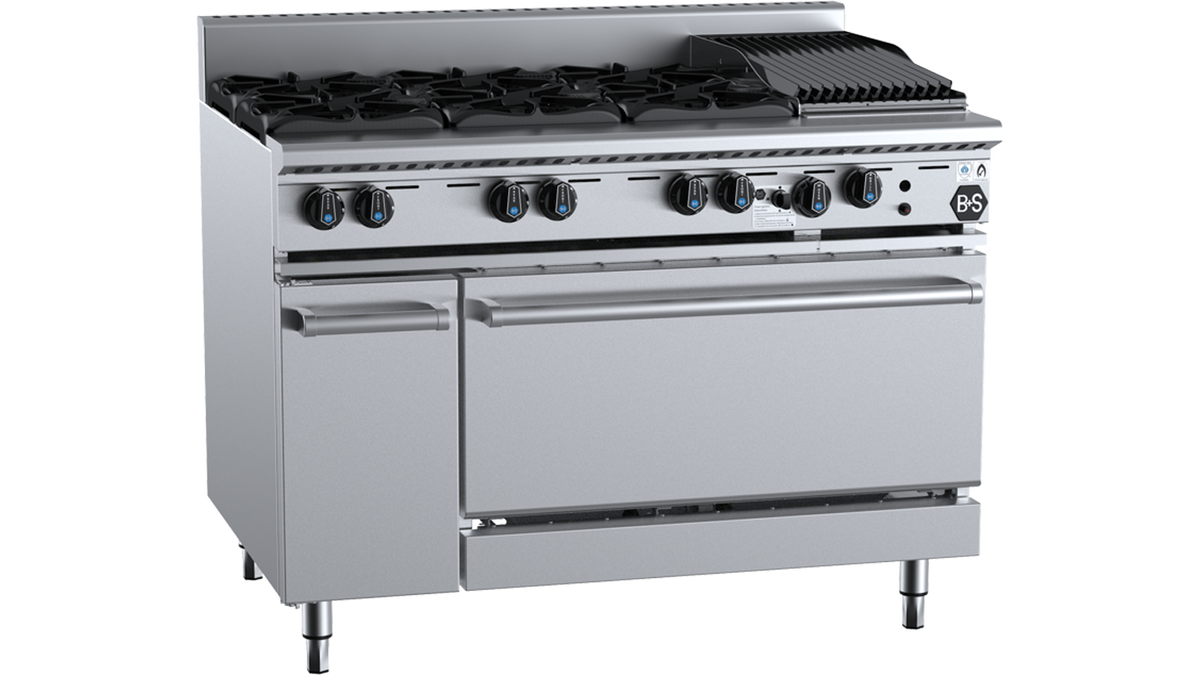 B+S Black OV-SB6-CBR3 - 1200mm 6 Burner & Char Broiler Gas Range with Oven