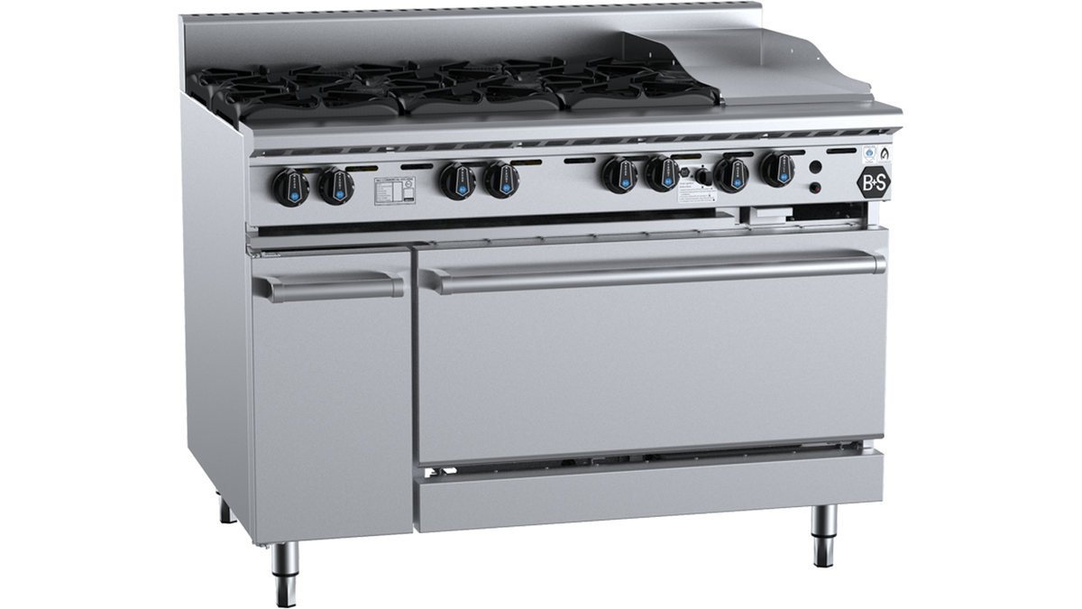 B+S Black OV-SB6-GRP3 - 1200mm 6 Burner & Grill Plate Gas Range with Oven