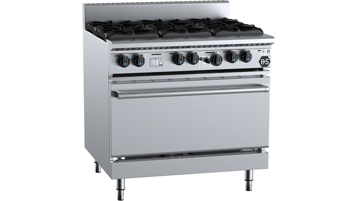 B+S Black OV-SB6 - 900mm 6 Burner Gas Range with Oven