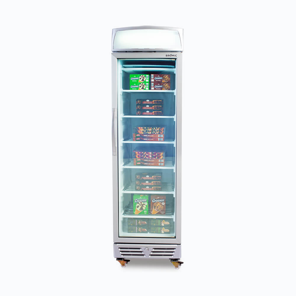 Bromic UF0374LS-NR - Upright Display Freezer 300L, 1 Door, Flat Glass, Lightbox, 595mm