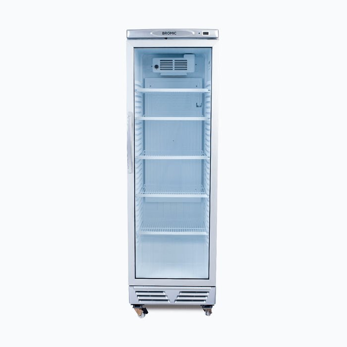 Bromic GM0374-NR - Upright Display Fridge 372L, 1 Door, Flat Glass, White with Silver Trim, 595mm