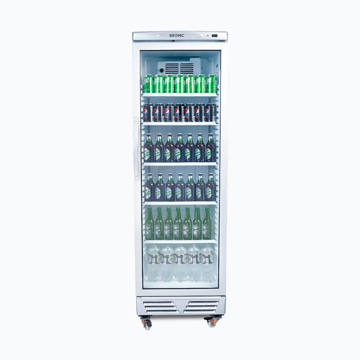 Bromic GM0374-NR - Upright Display Fridge 372L, 1 Door, Flat Glass, White with Silver Trim, 595mm