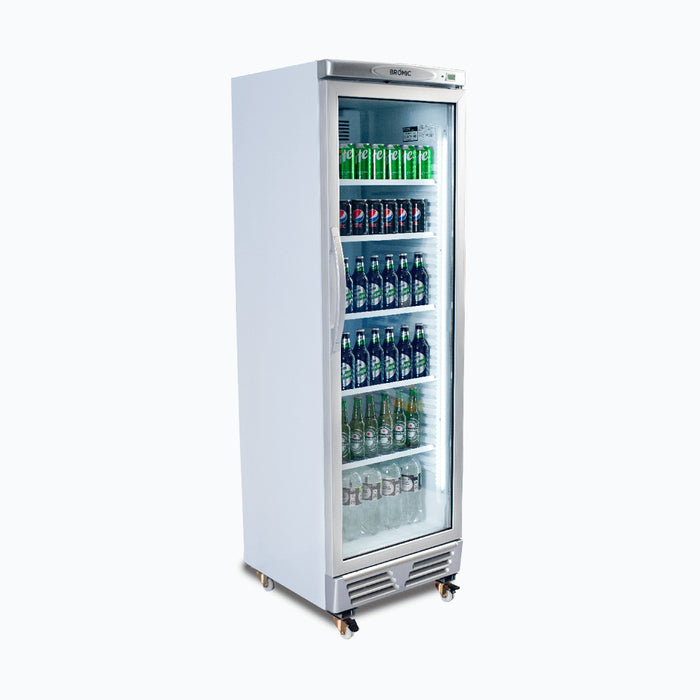 Bromic GM0374-NR - Upright Display Fridge 372L, 1 Door, Flat Glass, White with Silver Trim, 595mm