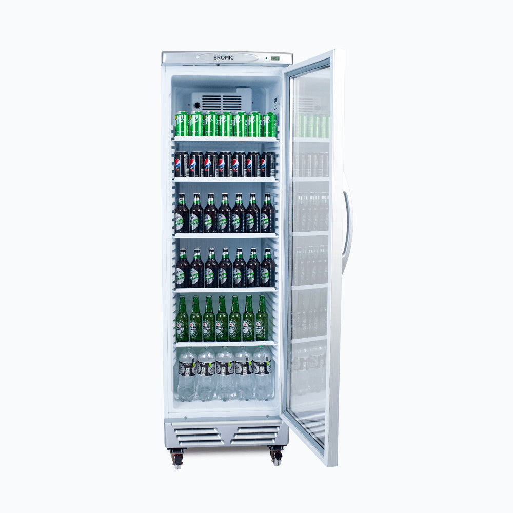 Bromic GM0374-NR - Upright Display Fridge 372L, 1 Door, Flat Glass, White with Silver Trim, 595mm