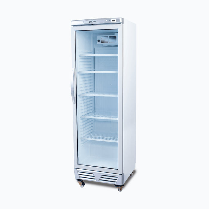 Bromic GM0374-NR - Upright Display Fridge 372L, 1 Door, Flat Glass, White with Silver Trim, 595mm