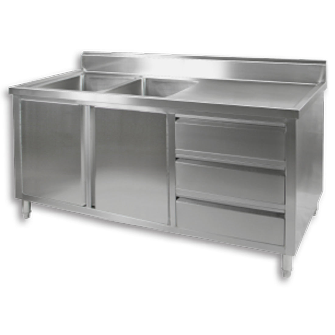 Modular Systems DSC-1800L-H - Stainless Steel Double Sink Cabinet with Doors & Drawers, Left Sinks 1800 x 700mm