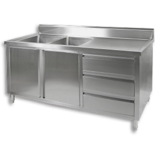 Modular Systems DSC-1800L-H - Stainless Steel Double Sink Cabinet with Doors & Drawers, Left Sinks 1800 x 700mm