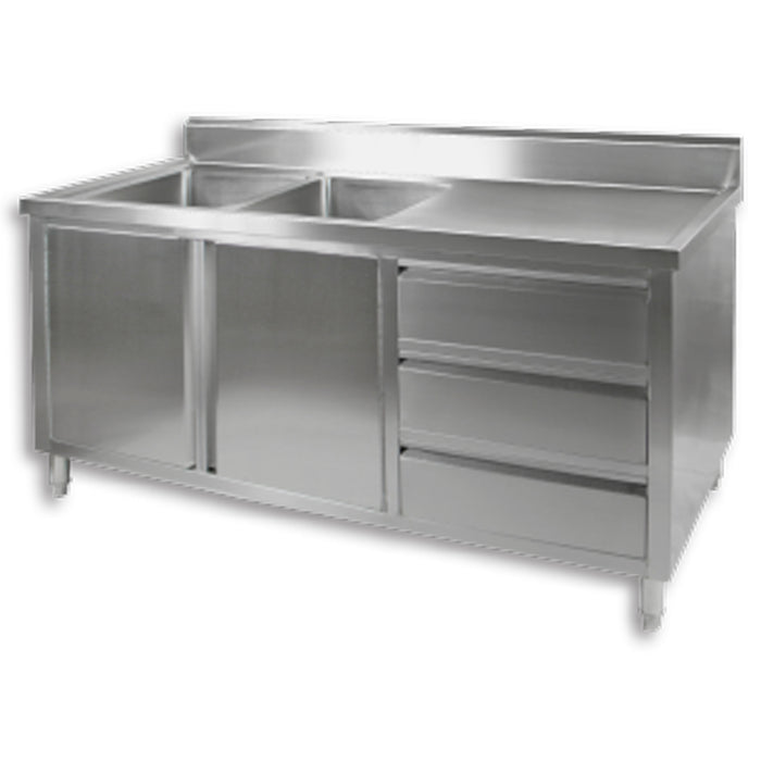 Modular Systems DSC-1800L-H - Stainless Steel Double Sink Cabinet with Doors & Drawers, Left Sinks 1800 x 700mm