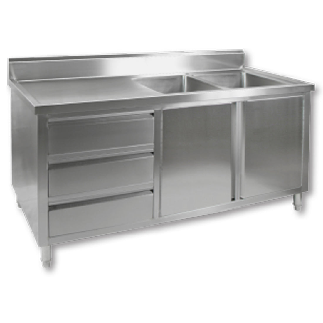 Modular Systems DSC-1800R-H - Stainless Steel Double Sink Cabinet with Doors & Drawers, Right Sinks 1800 x 700mm