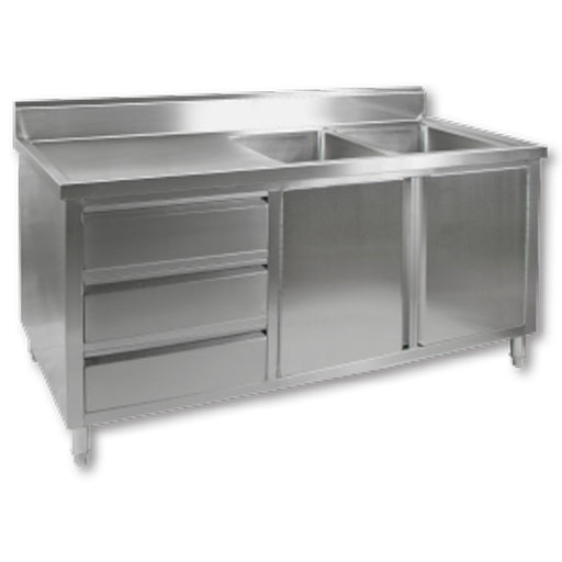 Modular Systems DSC-1800R-H - Stainless Steel Double Sink Cabinet with Doors & Drawers, Right Sinks 1800 x 700mm