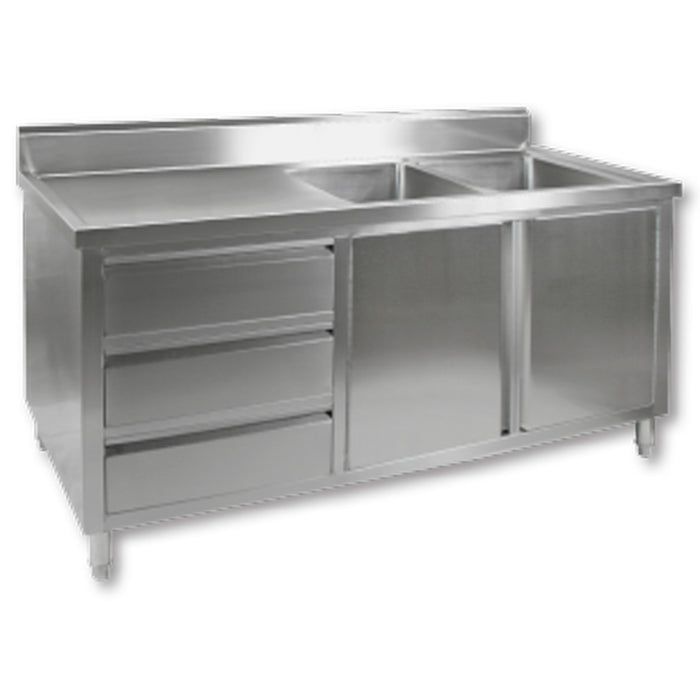 Modular Systems DSC-1800R-H - Stainless Steel Double Sink Cabinet with Doors & Drawers, Right Sinks 1800 x 700mm