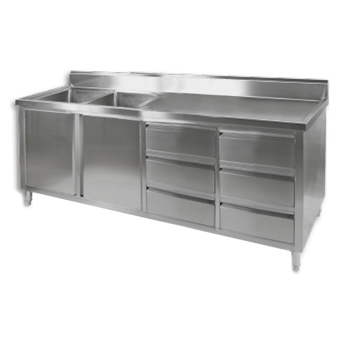 Modular Systems DSC-2100L-H - Stainless Steel Double Sink Cabinet with Doors & Drawers, Left Sinks 2100 x 700mm