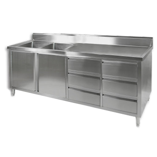 Modular Systems DSC-2100L-H - Stainless Steel Double Sink Cabinet with Doors & Drawers, Left Sinks 2100 x 700mm