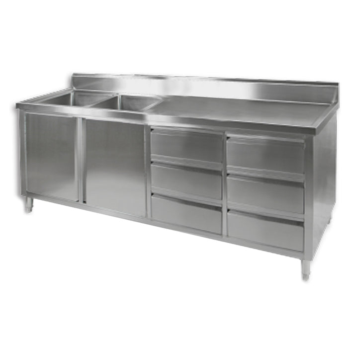 Modular Systems DSC-2100L-H - Stainless Steel Double Sink Cabinet with Doors & Drawers, Left Sinks 2100 x 700mm