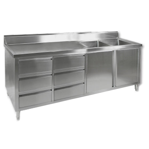 Modular Systems DSC-2100R-H - Stainless Steel Double Sink Cabinet with Doors & Drawers, Right Sinks 2100 x 700mm