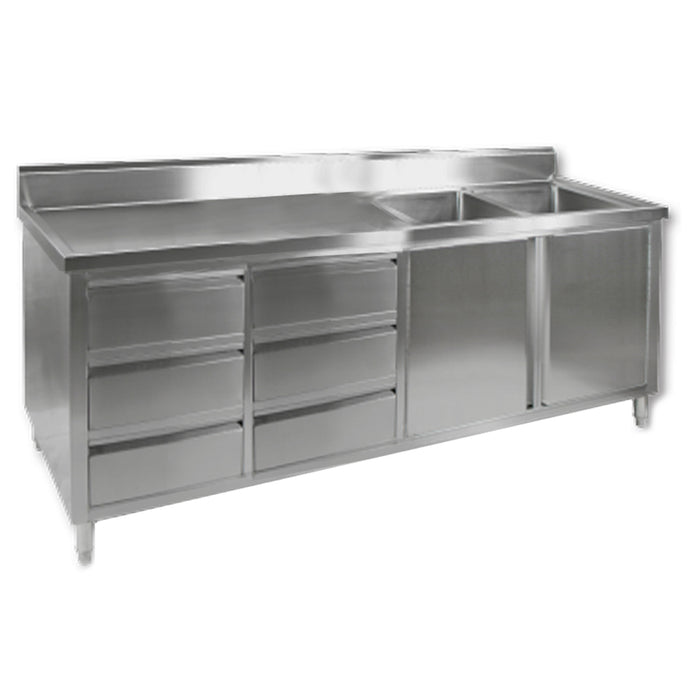 Modular Systems DSC-2100R-H - Stainless Steel Double Sink Cabinet with Doors & Drawers, Right Sinks 2100 x 700mm
