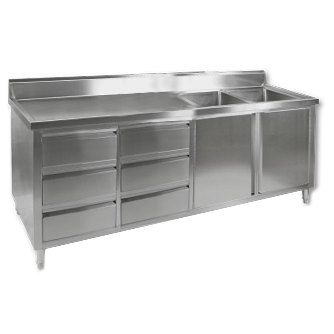 Modular Systems DSC-2400R-H - Stainless Steel Double Sink Cabinet with Doors & Drawers, Right Sinks 2400 x 700mm