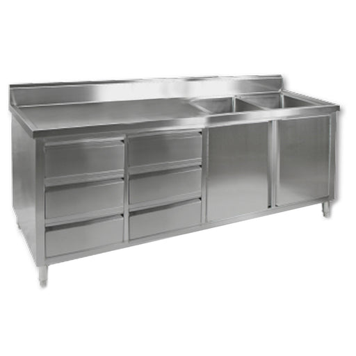 Modular Systems DSC-2400R-H - Stainless Steel Double Sink Cabinet with Doors & Drawers, Right Sinks 2400 x 700mm