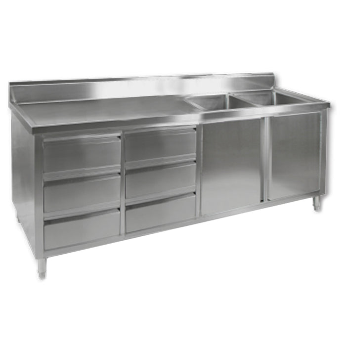 Modular Systems DSC-2400R-H - Stainless Steel Double Sink Cabinet with Doors & Drawers, Right Sinks 2400 x 700mm