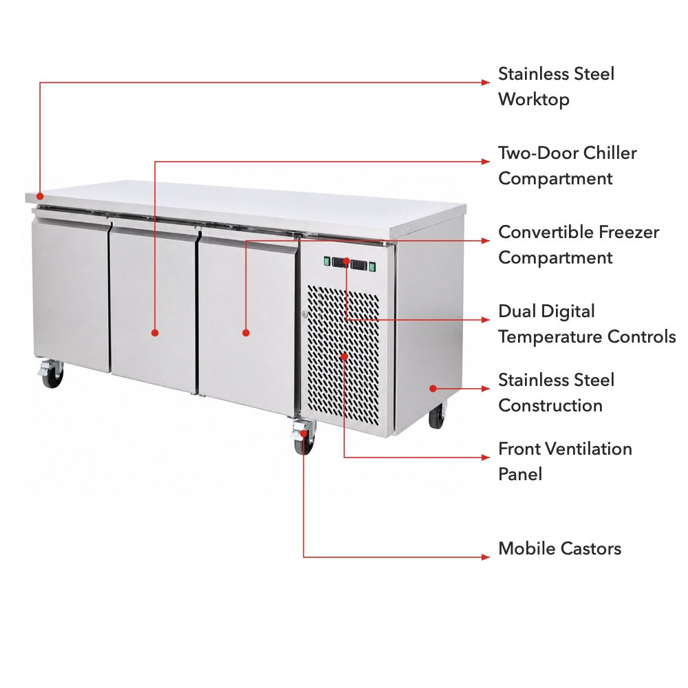 FED Thermaster GN3100DT - Triple Door Dual Temp GN Counter Fridge Freezer 1795mm - image 3