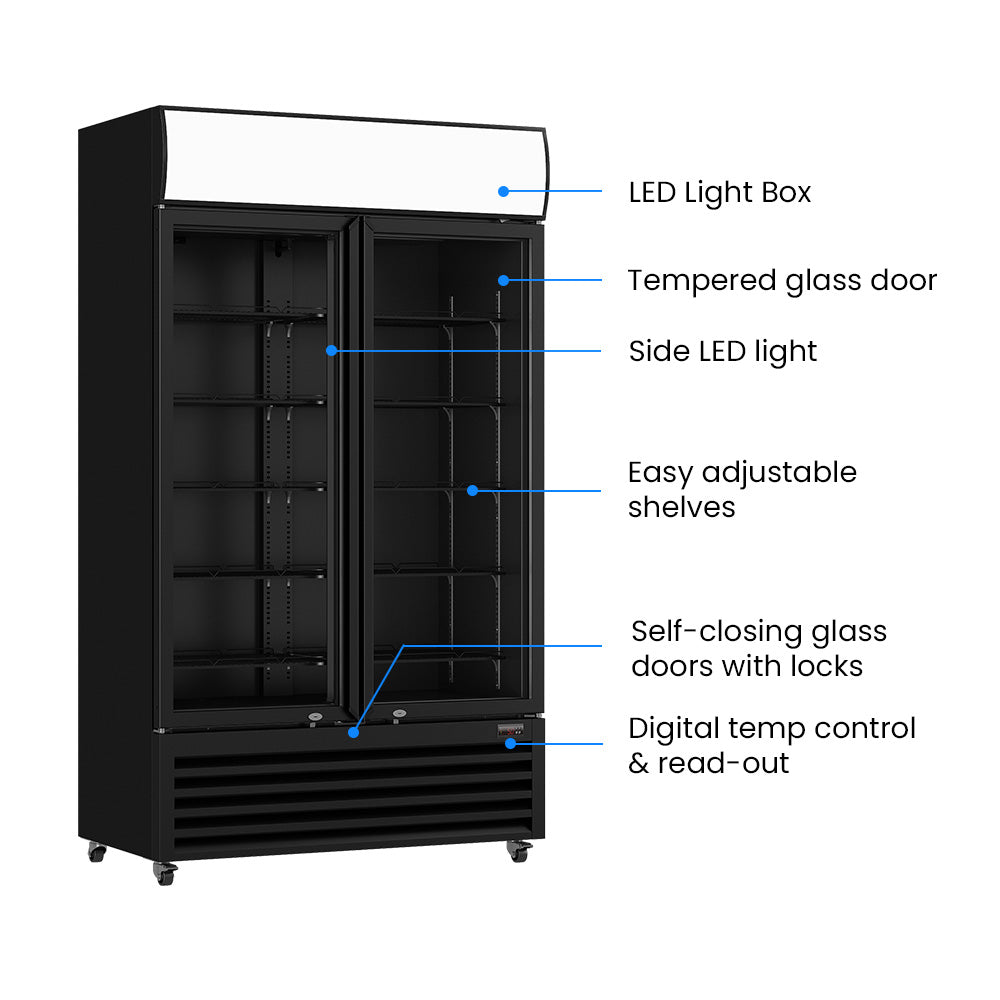 FED Thermaster LG-1200BP - Large Double Glass Door Upright Drink Fridge Black 1075L - image 3