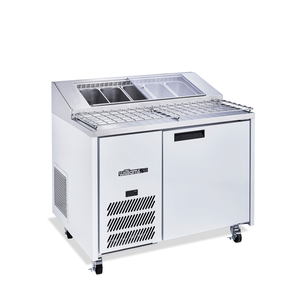 Williams Jade Pizza HJ1PCBA - 1 Door White Colorbond Pizza Prep Counter Fridge With Blown Air Well 1152mm 400L